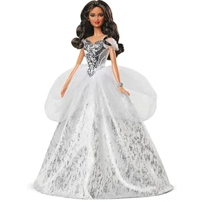 Image of ​Barbie Signature 2021 Holiday Barbie Doll (12 inch Brunette Curly Hair) in Silver Gown, with Stand and Certificate of Authenticity, Gift for 6 Year Olds Up