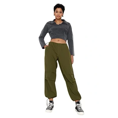 Image of Trendyol Women&#039;s Normal Waist Wide Leg Jogger Jeans Pants, Khaki, 8