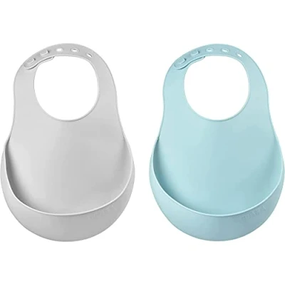 Image of BEABA 2 Pack Waterproof Silicone Baby Bibs, Adjustable Neck Strap, Large Food Catcher Pocket, Soft, Lightweight, Ultra Easy to Clean, Light Mist/Airy Green