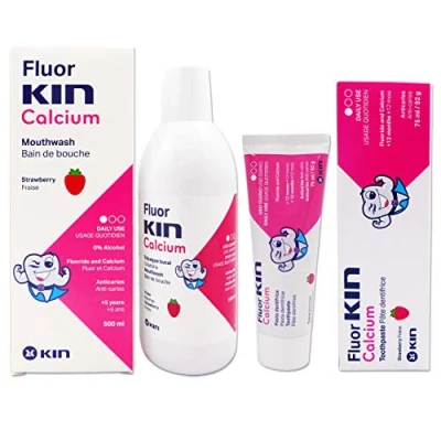 Image of Fluor Kin Calcium Bundle Toothpaste &amp; Mouthwash Strawberry Flavour for Children