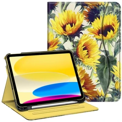 Image of FINTIE Case Compatible with iPad 10th Generation (2022) 10.9 Inch, Multi Angle Viewing Protective Stand Cover Pencil Holder &amp; Pocket, Auto Sleep/Wake, Sunflowers