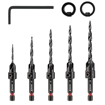 Image of EZARC Wood Countersink Drill Bit Set, 4, 6, 8, 10, 12 Tapered Bits with 1/4&quot; Hex Shank Quick Change, Counter Sinker Set for Carpentry and Woodworking