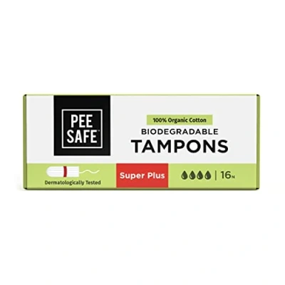Image of Pee Safe Biodegradable 100% Organic Cotton Tampons Super Plus(Pack of 16) for Very Heavy Flow Non Applicator Free Chlorine Bleach &amp; Dyes