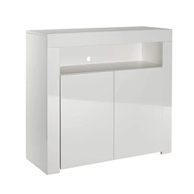 Image of MMT Modern Sideboard White Matt Gloss Buffet Display Cabinets Drinks Cabinet with LED Lights (White, Medium),