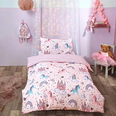 Image of Dreamscene Unicorn Kingdom Toddler Duvet Cover with Pillowcase Reversible Kids Bedding Set, Girls Fairy Castle Pink Junior/Cot Bed 120 x 150