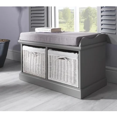 Image of Tetbury Storage Bench with Cushion Seat Hallway 2 White Wicker Baskets Liners W76cm H46cm D40cm Fully Assembled Very Sturdy (grey)