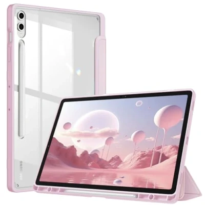 Image of Fintie Hybrid Slim Case for Samsung Galaxy Tab S10 Plus 2024/ S9 Plus/ FE 5G 12.4 Inch 2023 with S Pen Holder, Shockproof Cover Clear Transparent Back Shell, Auto Wake/Sleep, Pink