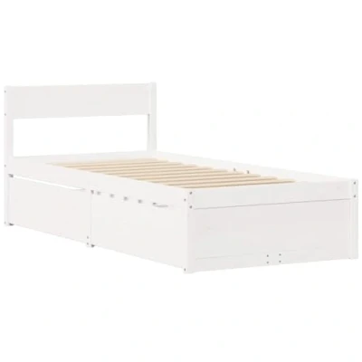 Image of vidaXL White Solid Pine Wood Single Bed Frame with Drawers 90x190 cm Plywood Slats and Headboard for Bedroom Storage