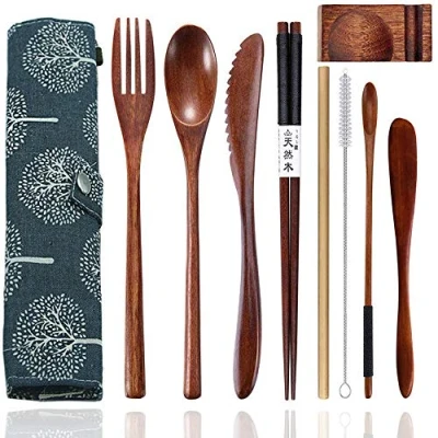 Image of Wooden Cutlery Set Portable, Reusable Bamboo Utensils Travel with Case, 9 Pcs Flatware Including Knife Fork Spoon Chopsticks