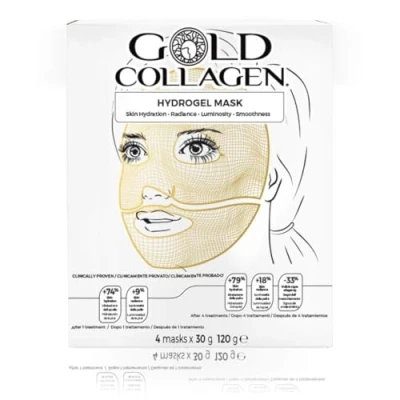 Image of GOLD COLLAGEN Hydrogel Mask Set Face Masks Skincare for Dehydrated &amp; Tired Skin, Pack of 4, Sheet with Hyaluronic Acid Against Wrinkles Fine Lines Cooling Effect, Made in South Korea