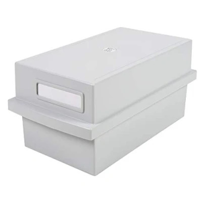 Image of Exacompta Ref 56140D Record Card Holder with Lid 240 x 133 112mm in Size, A7 Horizontal Format, Front Label for Identification, Holds Approx. 600 Sheets Light Grey