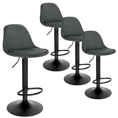 Image of EUGAD Swivel Bar Stools Set of 4 Height Adjustable Stools, Breakfast Chairs Kitchen Velvet Barstools with Footrest, Backrest, Metal Base, High Dark Grey, 1051BY UK