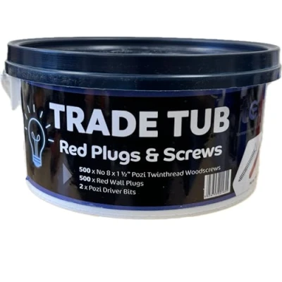 Image of TEWTub 1 Red Plugs and Screws 500 x Wall ½&quot; No8 Pozi Twin Thread c/w 2 Drive Bits