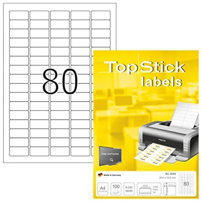 Image of TopStick Self Adhesive Multipurpose Labels, 80 Labels per A4 Sheet, 100 Sheets, 35.6 x 16.9 mm, 8000 Blank Universal Stickers, Sticky for Laser &amp; Inkjet Printer, White