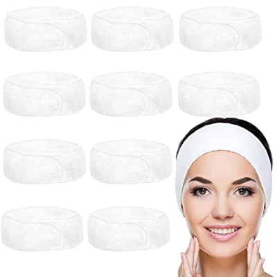Image of Belle Vous 10 Pack White Spa Facial Headbands Makeup Wrap Headband Adjustable Face and Shower Terry Cloth Towel to Protect Hair Head for Washing, Baths Sport