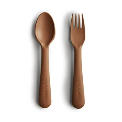 Image of Mushie Fork and Spoon Set for Kids Flatware Cutlery 1x of Dinnerware Pieces Reuseable Dishwasher Microwave Safe Easy Baby or Child to Hold Made in Denmark (Caramel)