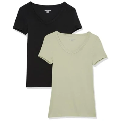 Image of Amazon Essentials Women&#039;s Slim Fit Short Sleeve V Neck T Shirt, Pack of 2, Black/Sage Green, XS