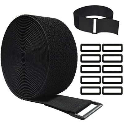 Image of WSZJINB 5m x 5cm Reusable Cable Ties with 10 Buckles, Free Cut Length, Black Adjustable Fastening Straps, Hook and Loop Securing Strap for Tidy, Wire Management, Cord Organiser
