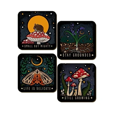 Image of Magical Mushrooms Still Growing 4 Piece Coaster Set Black 9.2x9.2cm