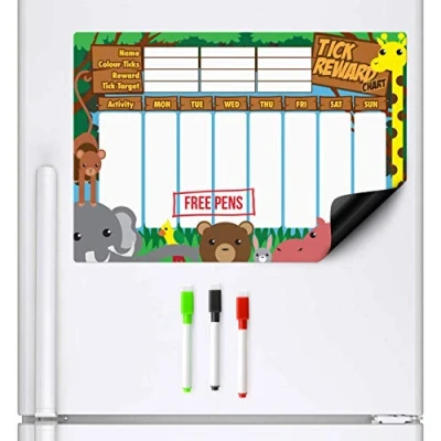 Image of CKB LTD® Magnetic REWARD CHART Jungle Animals FRIDGE BOARD 7 Day Colourful Tick List For Refrigerators With 3 Markers Pens Activity Chore A3 Behaviour Charts Teaching Children Good Practices