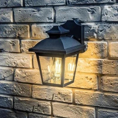 Image of CGC Lighting Outdoor Outside Exterior Wall Light Lantern Modern Vintage E27 Bulb Black Rectangular Mains Power (Black Small with Warm White Bulb)