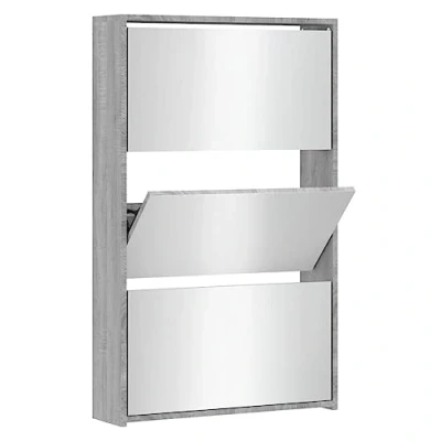 Image of vidaXL Shoe Cabinet with Mirror Modern 3 Layer Grey Sonoma Storage Organizer, Easy Pull Down Drawers, Engineered Wood, 63x17x102.5 cm, Fits 9 12 Pairs Ideal for Hallway, Bedroom, Living Room