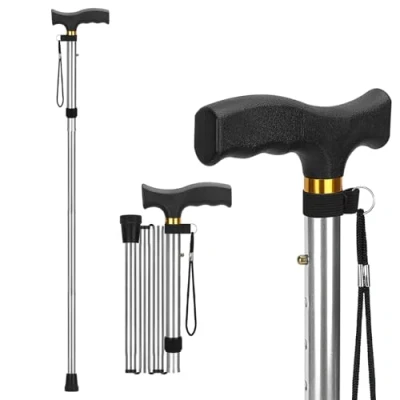 Image of supregear Folding Cane, Lightweight 5 Level Adjustable Walking Stick with Wrist Strap and T Handle, Portable Mobility Aid for Elderly Disabled Men Women, Silver