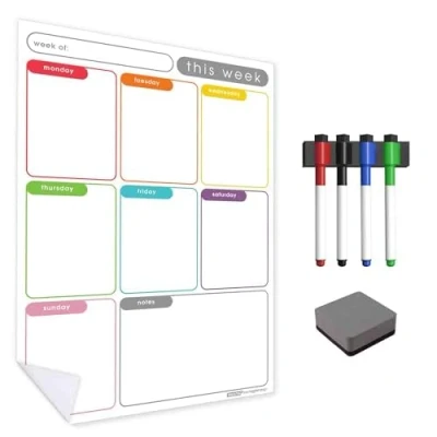 Image of WallTAC Weekly Planner Wall Sticker Easy to Apply and Remove Dry Wipe Whiteboards for Home Kitchen (Multi Coloured, A3)