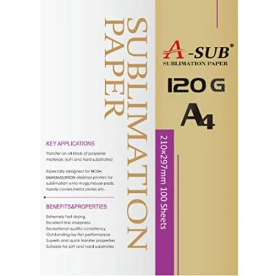 Image of A SUB Sublimation Paper A4, 210x297mm, 100 Sheets, 120gsm, Compatible with EPSON, SAWGRASS, RICOH, Brother Printers