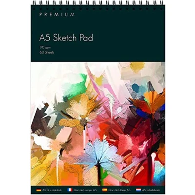 Image of A5 Artists Spiral Bound Sketch Pad Premium Quality Paper for Drawing Sketching Ideal Using Graphite Pencil or Charcoal 60 Sheets by karrma ltd