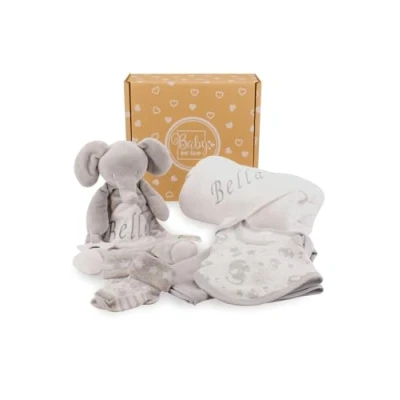 Image of Baby Box Shop Personalised Gifts Hooded Towel &amp; Elephant Comforter with 4 Newborn Essentials, Ideal as Shower Christening Unisex