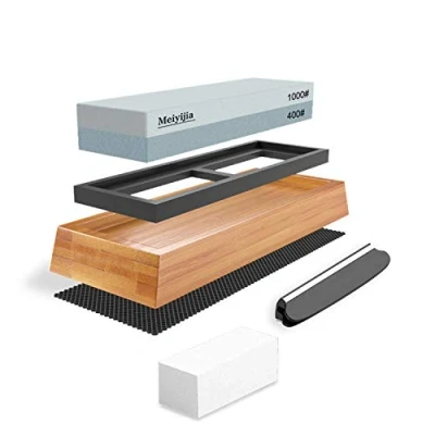 Image of Meiyijia Knife Sharpener, Premium 2 in 1 Whetstone Waterstone, 400/1000 Grit, Non Slip Bamboo Base, Angle Guide, Flattening Stone