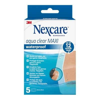 Image of Nexcare Aqua Clear MAXI Waterproof Bandages, 5 Plasters per Pack, 60 mm x 88 for Wounds, Minor Scratches and First Aid Kits