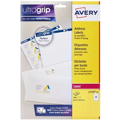 Image of Avery Printable, Customisable Address Mailing Labels, Laser Printers, 24 Labels Per A4 Sheet, 240 UltraGrip (L7159), White,63.5 x 33.9mm