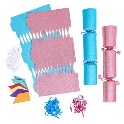 Image of evelay 12 Make Your Own Christmas Cracker Kit DIY Pink &amp; Blue Glitter Crackers Hats Snaps Jokes (Pink, Blue)