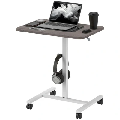 Image of HOMCOM Height Adjustable Standing Desk, Pneumatic Sit Stand Desk for Laptop, Mobile Overbed Table with Wheels and Headphone Hook Home Office, Grey