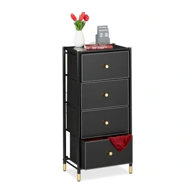 Image of Relaxdays Chest, HxWxD: 98.5 x 46 30 cm, 4, MDF &amp; Steel, Cabinet, Drawer Dresser, Black/Gold