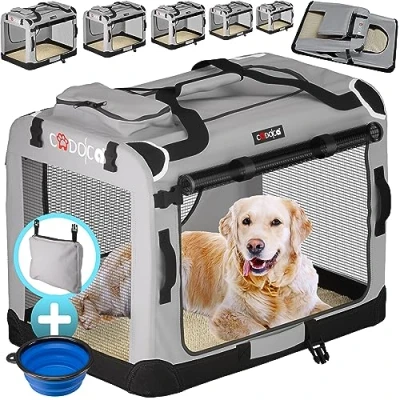 Image of CADOCA® XXL Dog Crate 90x60x66cm Foldable Breathable Car Pet Transport Box Travel Robust Vet Holiday Cat Carrier Puppy Kitten Rabbit Light Grey