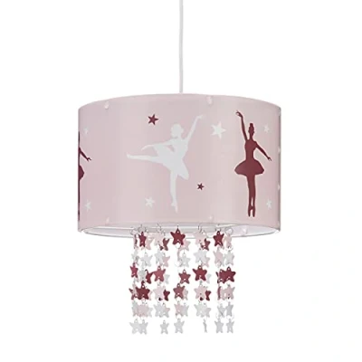 Image of Relaxdays Hanging Lamp for Girls, Children’s Ceiling Light with Ballerina Print, Pendant Star Mobile, Pink