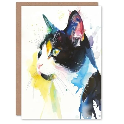 Image of Artery8 Personalised Tuxedo Black White Cat Lover Bright Watercolour Blank For All Him Or Her Art Birthday Greeting Card