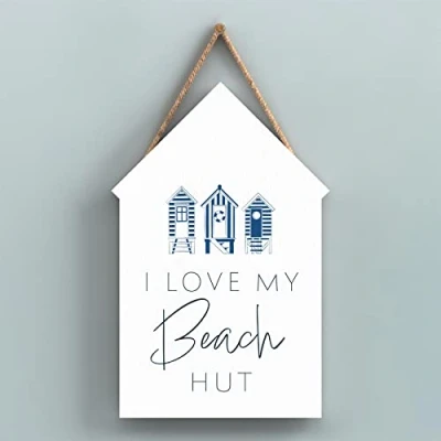 Image of Global Designs I Love My Beach Hut Coastal Blue Nautical Sign Wooden Hanging Plaque