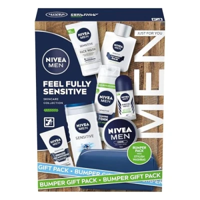 Image of NIVEA MEN Feel Fully Sensitive Skincare Gift Set (8 Products), Includes Shower Gel, Anti Perspirant, Face Wash, Shaving Foam, Post Shave Balm, Moisturisers, and Wash Bag