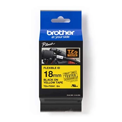 Image of Brother TZe FX641 Labelling Tape Cassette, Black on Yellow, 18mm (W) x 8M (L), Flexible ID, Genuine Supplies
