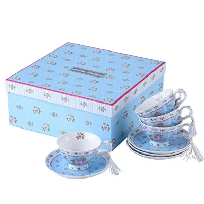 Image of London Boutique Tea cup and Saucer Set 4 Afternoon Shabby Chic Vintage porcelain Bird Butterfly Flora Gift Box (Rose Blue)