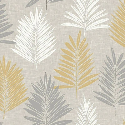 Image of Arthouse Linen Palm Ochre Grey Wallpaper Chic Leaf Effect Neutral Background Textured Contemporary &amp; Stylist Feature Wall or Every 697800
