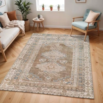 Image of Livabliss Faraoun Machine Washable Rug Vintage Area Rugs Living Room, Large 120x170 cm Traditional Boho Style, Dining Kitchen, Outdoor, Hallway Brown, Blue, Beige
