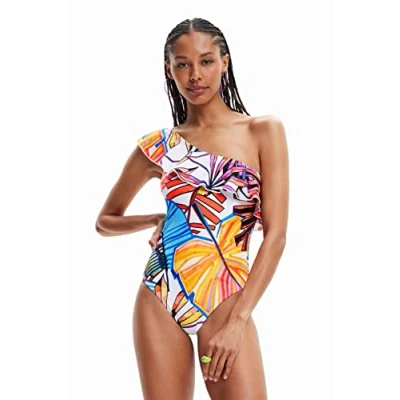 Image of Desigual Medewi One Shoulder Frill Tropical Swimsuit 23SWMK12 White