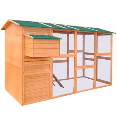 Image of vidaXL Wooden Chicken Coop Large, Spacious Outdoor Hen House with Nest Box, Non slip Ramps, and Removable Tray Solid Pinewood Construction, Weather Resistant Brown