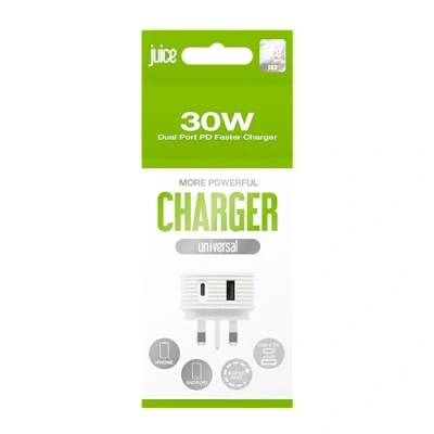 Image of Juice 30W Dual Port Fast Charger Plug USB A &amp; C, Charge Smartphones and Tablets, Power Delivery, Compact Design with Sure Grip Technology