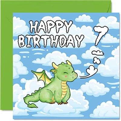 Image of 7th Birthday Card Unisex Cute Dragon Happy 7 Year Old, 145mm x Greeting for Son Daughter Brother Sister Grandson Granddaughter Niece Nephew Cousin